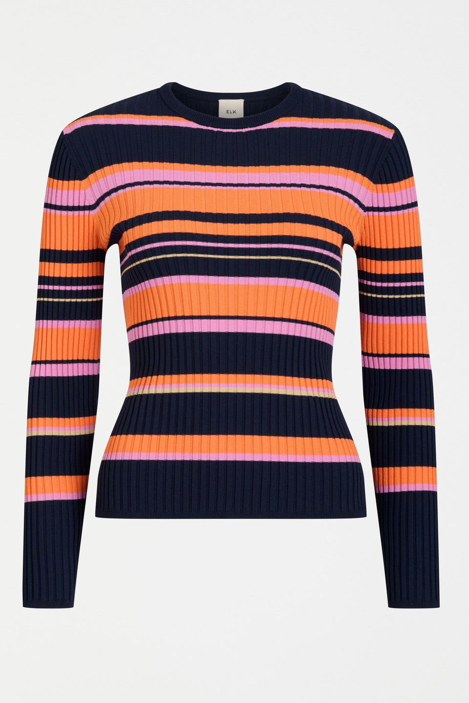 Slinki Stretch Ribbed Striped Navy, Orange and Pink Slim Fit Round Neck Sweater Front | SLINKI STRIPE