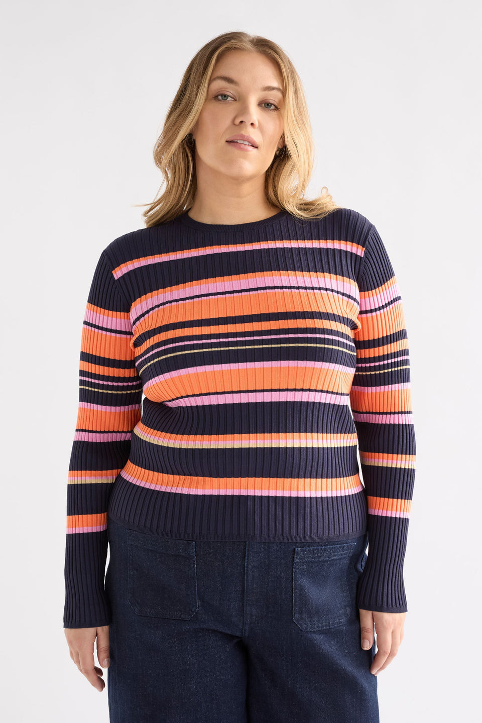 Slinki Stretch Ribbed Striped Navy, Orange and Pink Slim Fit Round Neck Sweater Curve model Front | SLINKI STRIPE