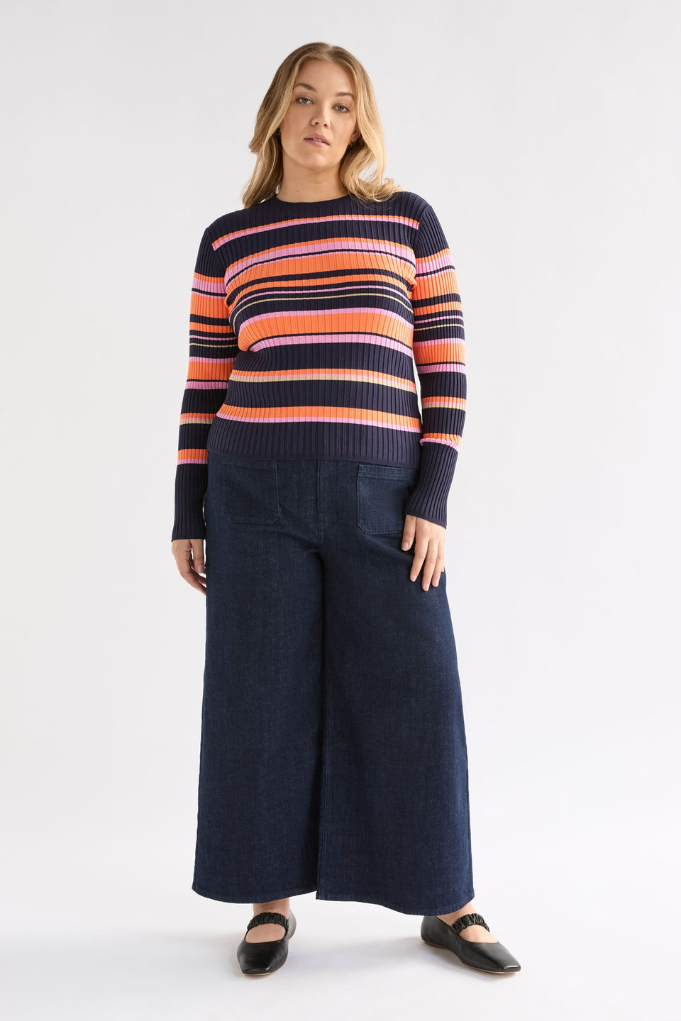 Slinki Stretch Ribbed Striped Navy, Orange and Pink Slim Fit Round Neck Sweater Curve model Front Full body | SLINKI STRIPE