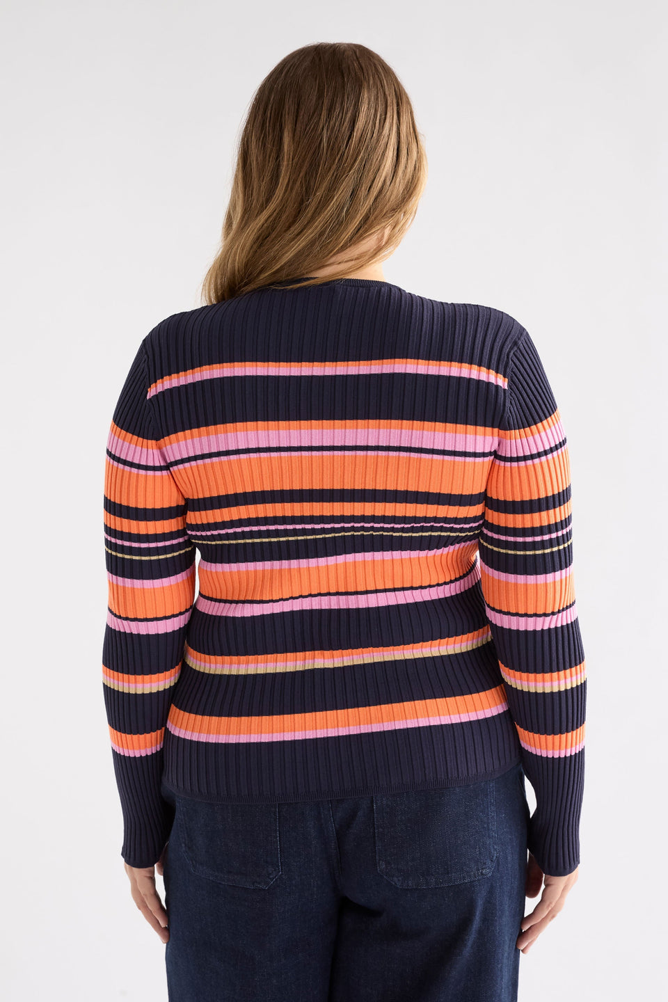 Slinki Stretch Ribbed Striped Navy, Orange and Pink Slim Fit Round Neck Sweater Curve model Back | SLINKI STRIPE
