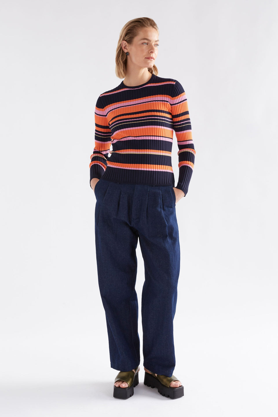 Slinki Stretch Ribbed Striped Navy, Orange and Pink Slim Fit Round Neck Sweater model Front Full body untucked | SLINKI STRIPE