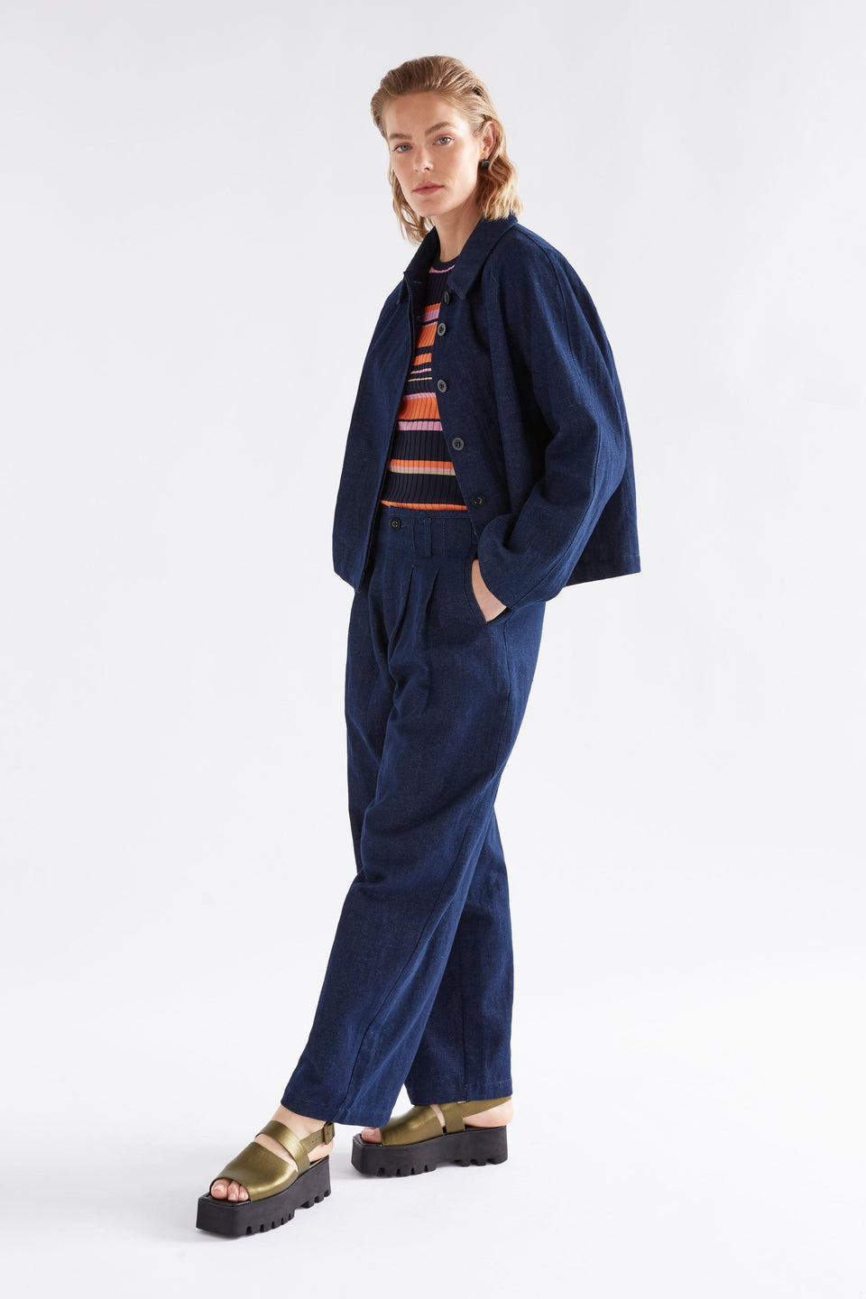 Slinki Stretch Ribbed Striped Navy, Orange and Pink Slim Fit Round Neck Sweater model Front  with Jacket | SLINKI STRIPE