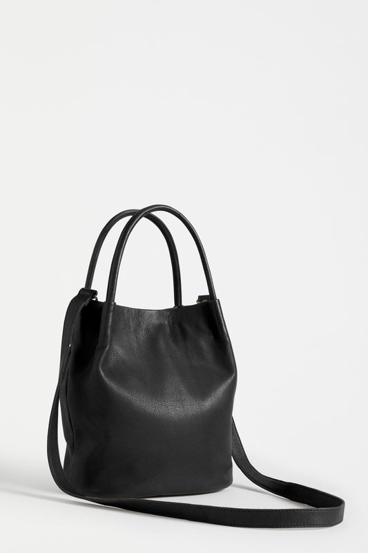 Mini Remnant Leather Orsa Bucket Bag with Fixed Handle and Detachable Strap Front | BLACK