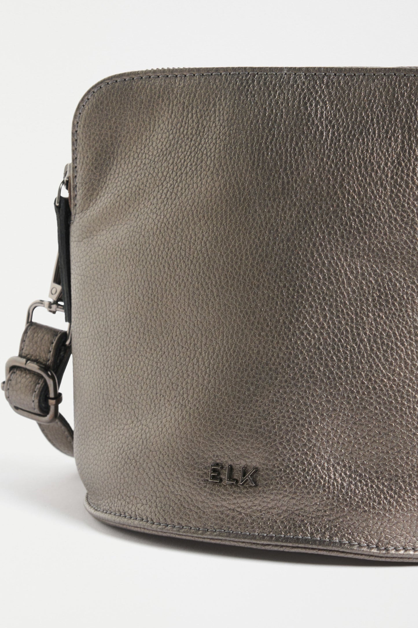 Frede Small Remanent Leather Zip Up Cross Body Bag Front Detail | GUNMETAL