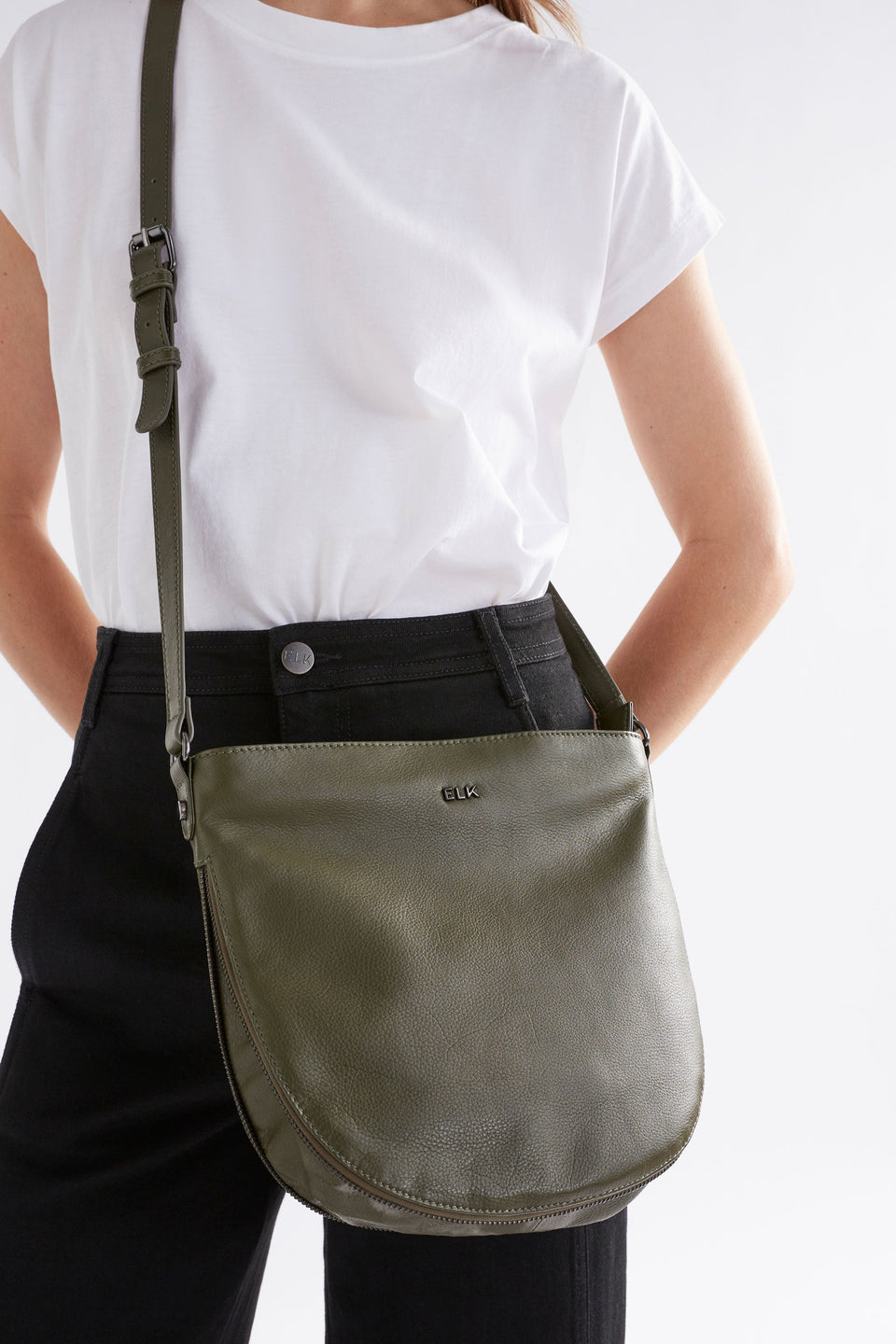 Nors Half Moon Leather Crossbody Bag Front model crop | BLACK