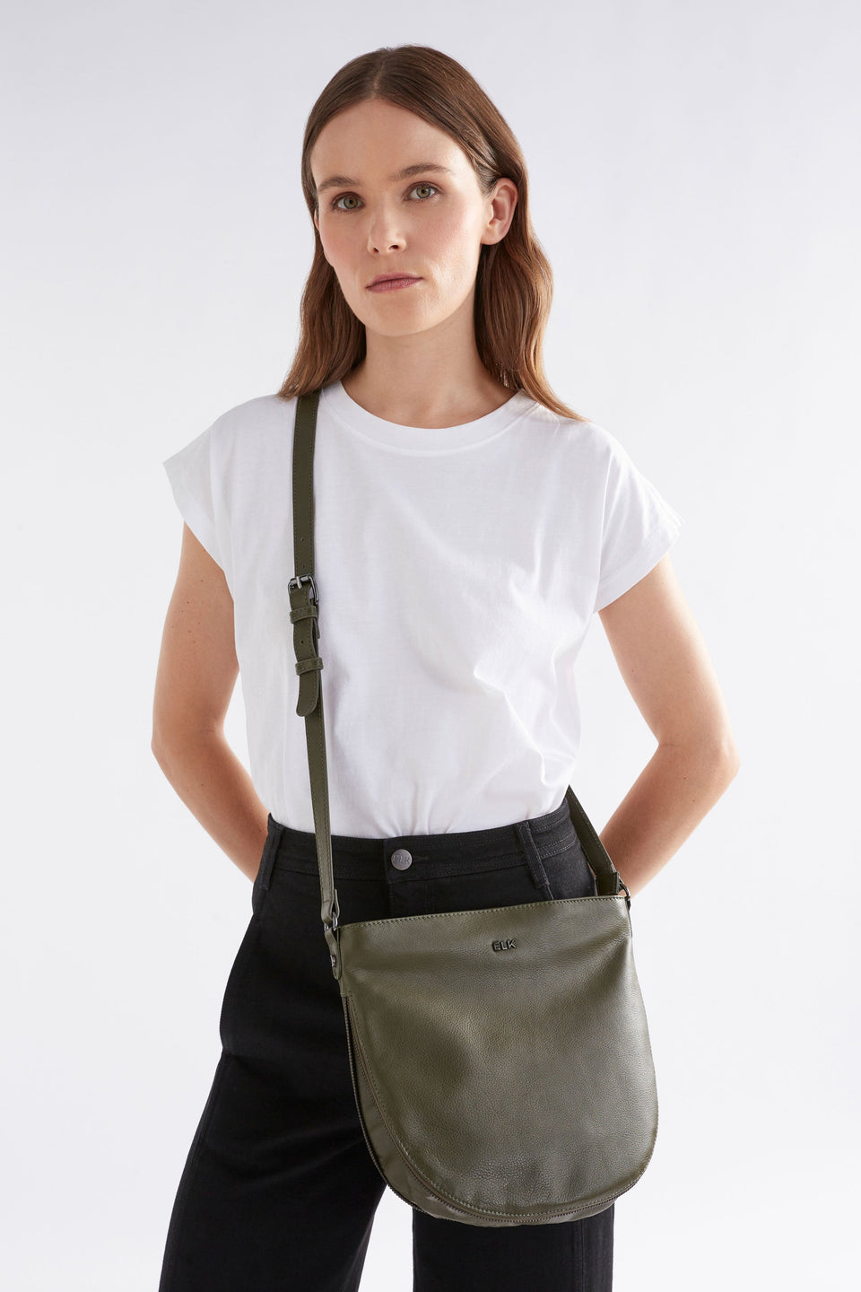 Nors Half Moon Leather Crossbody Bag Front model | BLACK