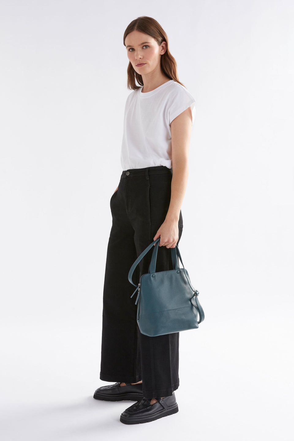 Arien Zip-Up Leather Mini Tote Bag Front model full body | TEAL