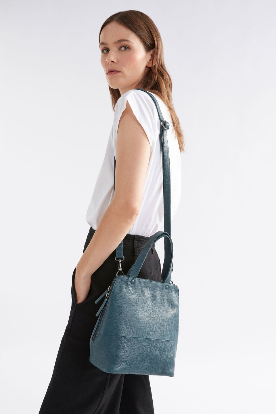 Arien Zip-Up Leather Mini Tote Bag Front model mid | OLIVE