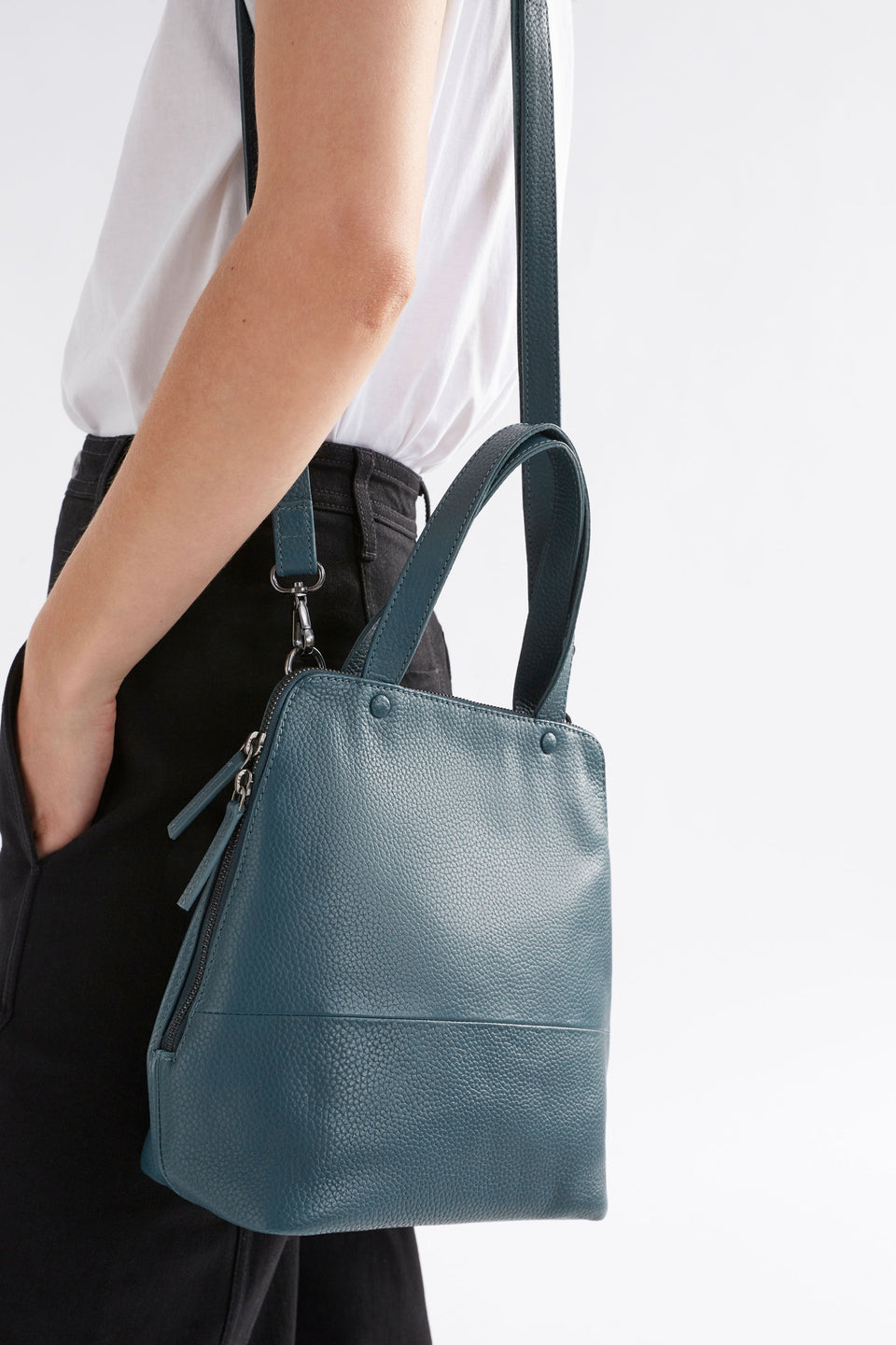 Arien Zip-Up Leather Mini Tote Bag Front model zoom | TEAL