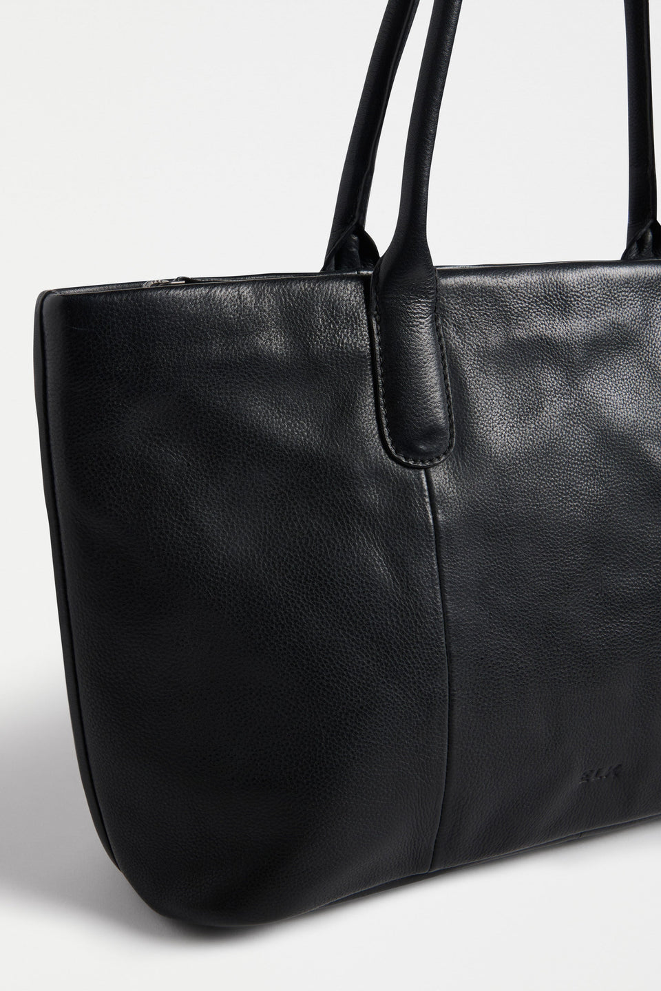 Joha Tote Flat Lay Close Up Detail of strap and ELK logo | BLACK