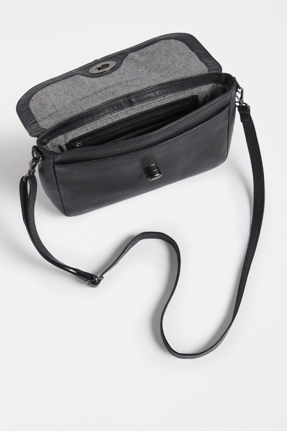 Unden Crossbody Bag Flat Lay inside bag strap detail | BLACK