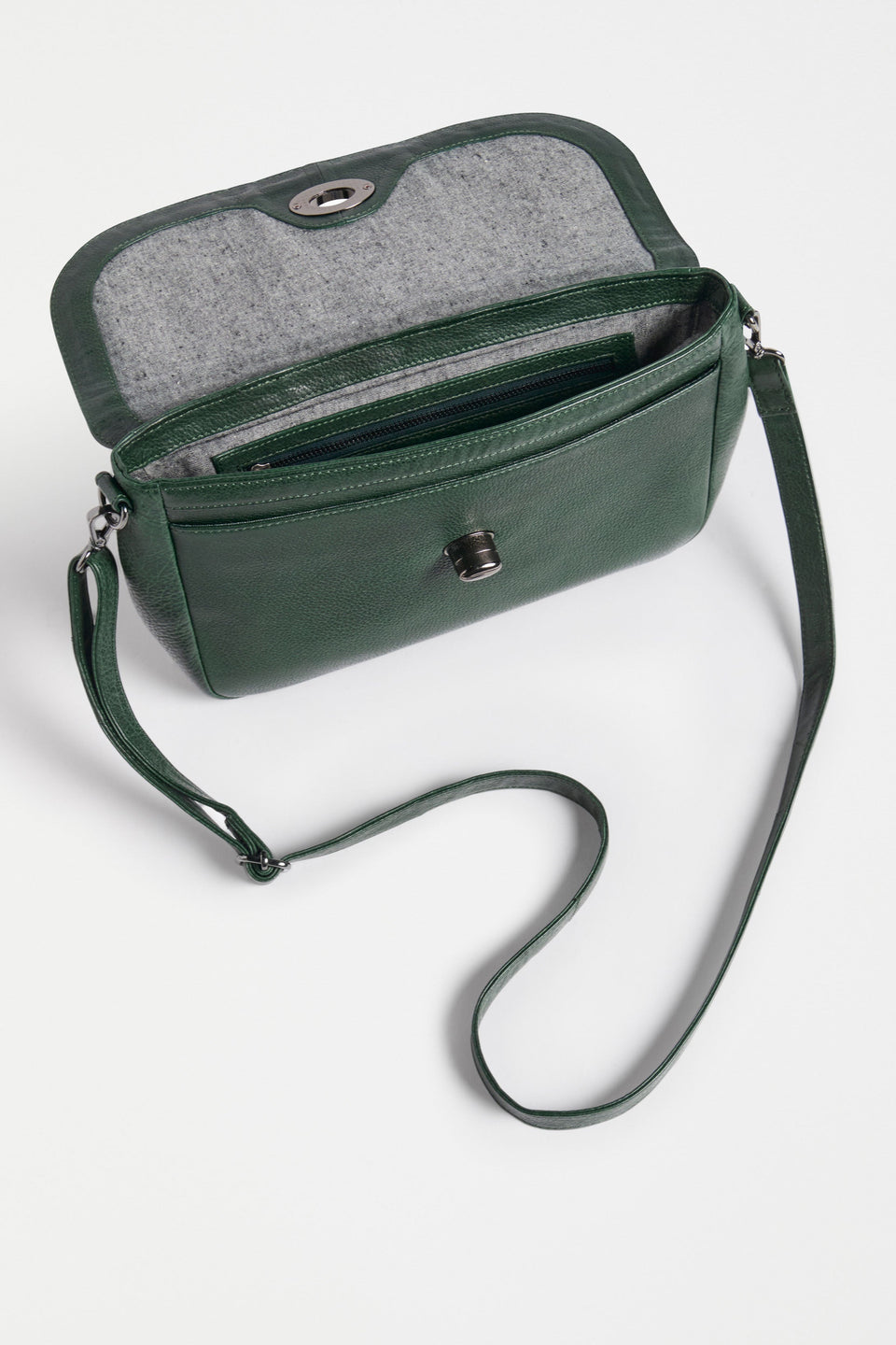 Unden Crossbody Bag Flat Lay inside bag detail with pocket | FOREST GREEN