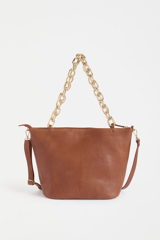 Lenkka Bag Flat Lay with gold strap | TAN