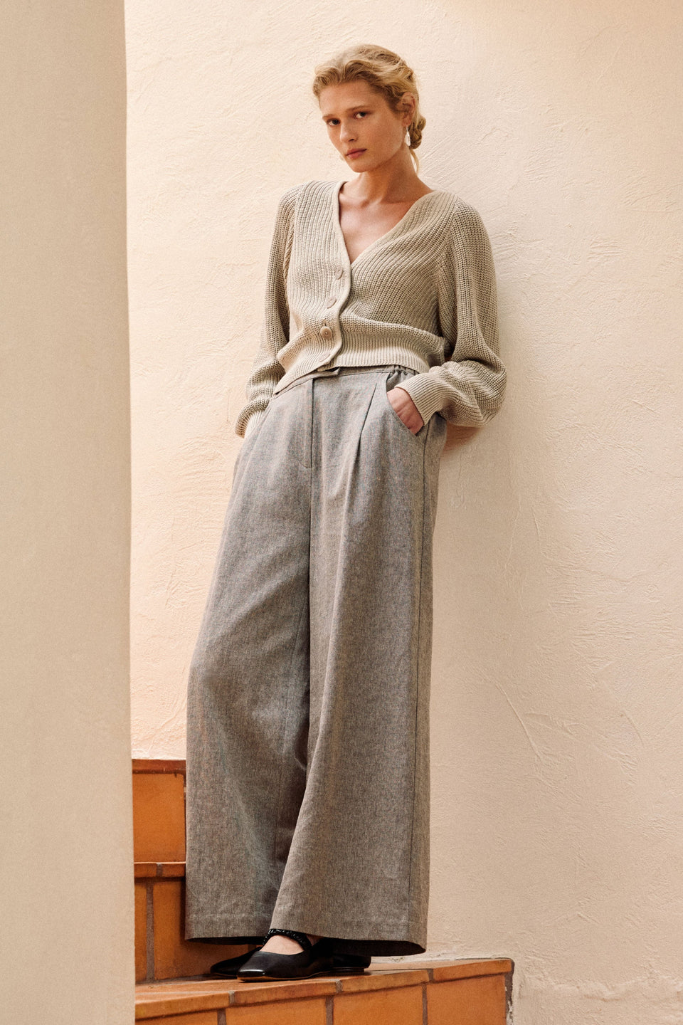 Citte Pant on Model styled with Tee and cardigan location campaign | GRAPHITE