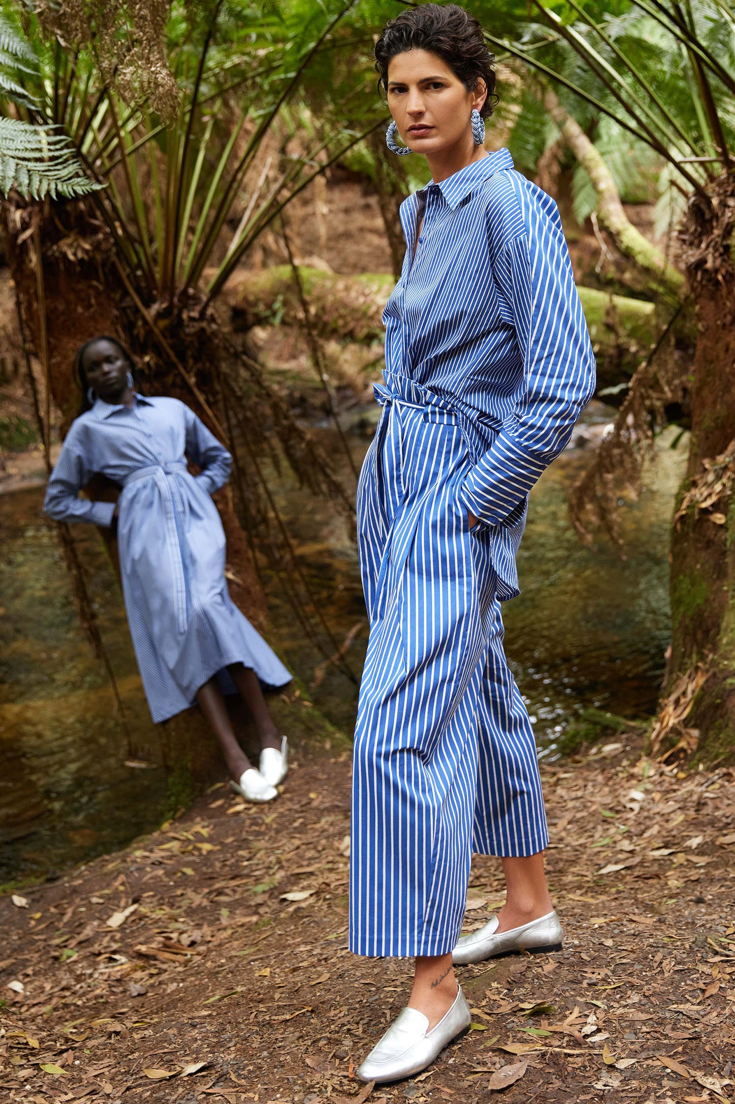 Ligne Wide Leg Paper Bag Waist Cotton Stripe Pant Campaign Model | BLUE STRIPE