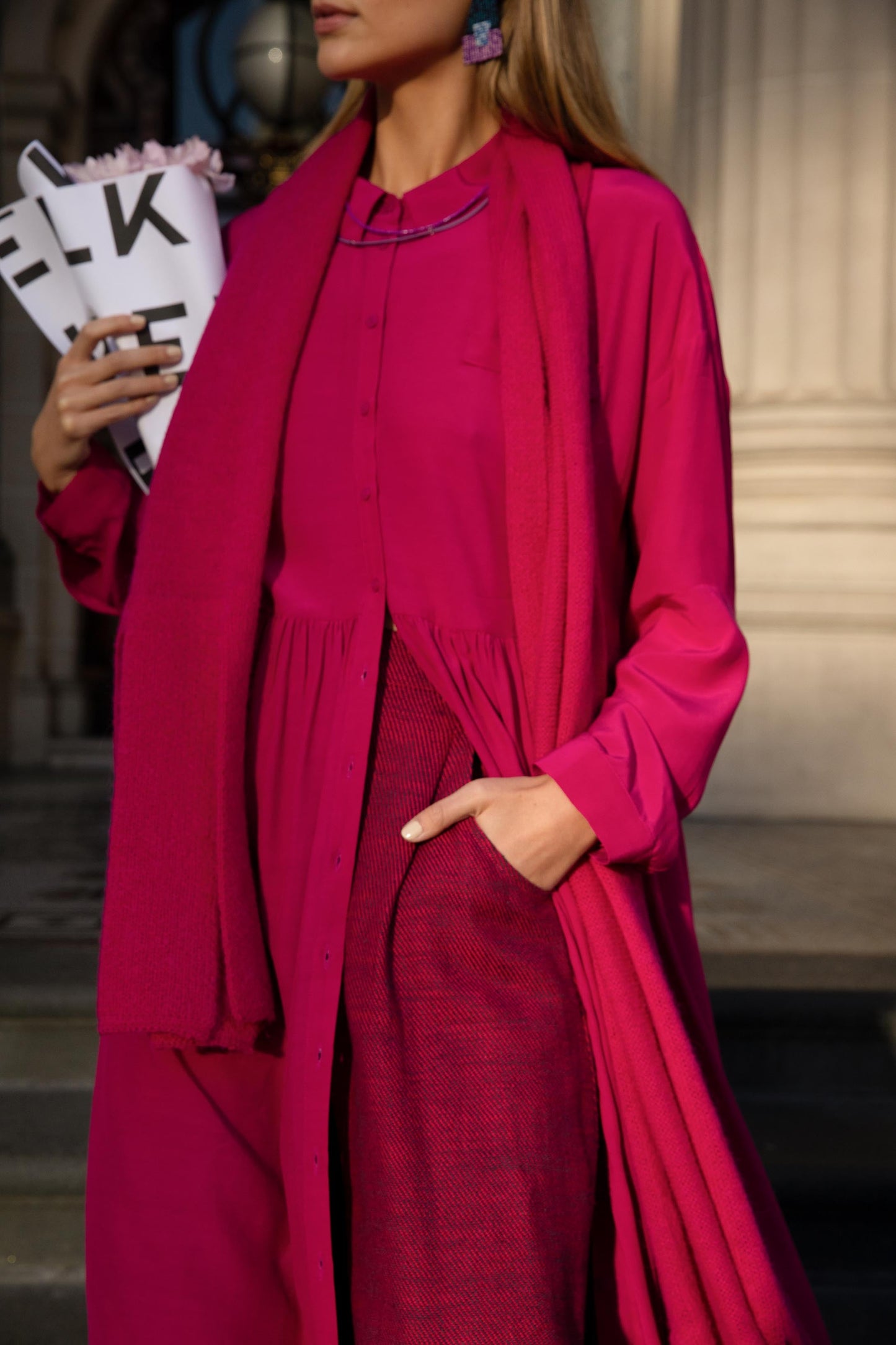 Agna Alpaca-Wool Large Tassel Knitted Scarf campaign Model Front | BRIGHT PINK