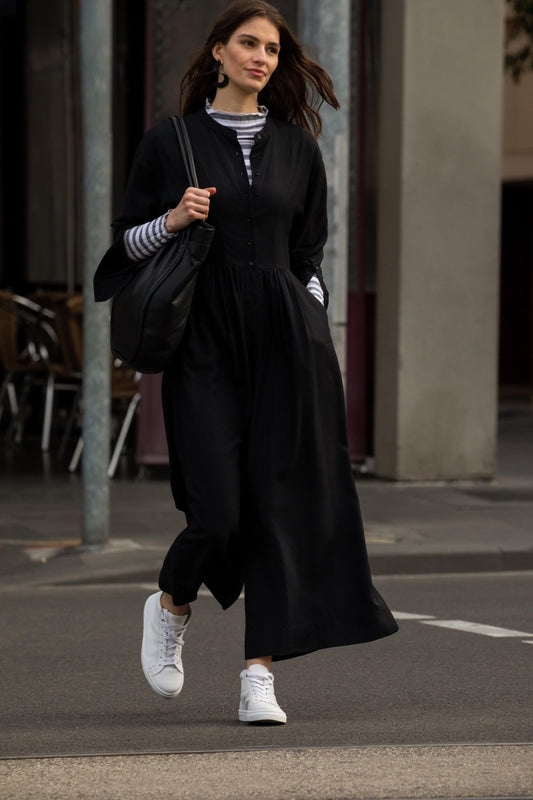 Rinna Long Sleeve Wide Leg Button Up Jumpsuit Campaign Model Front | BLACK