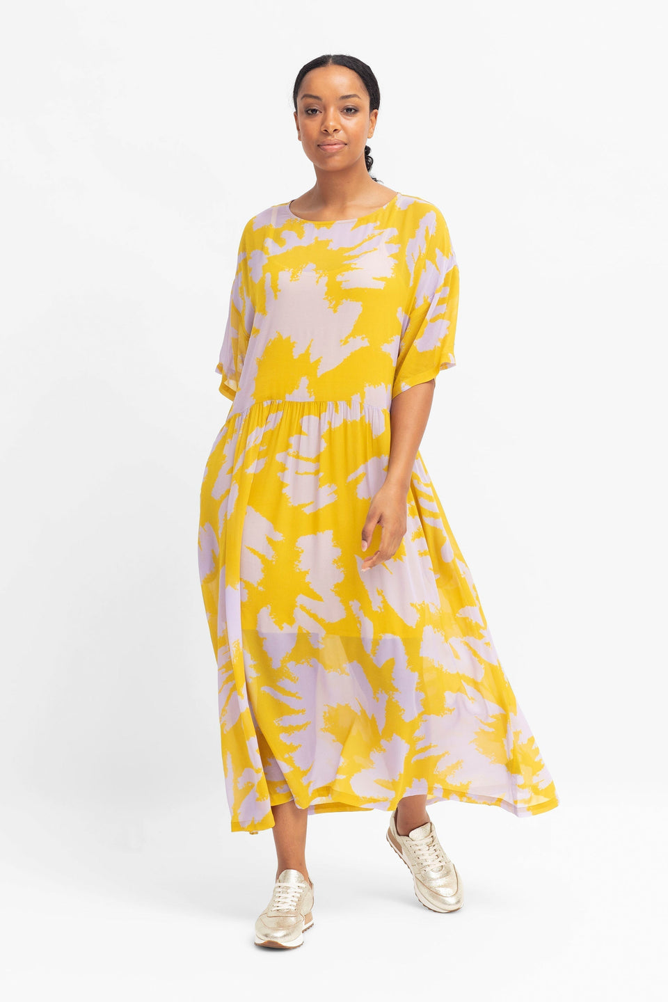 Ravnen  Print Sheer Dress and Slip Model Front 2 | SAFFRON NAEMI PRINT