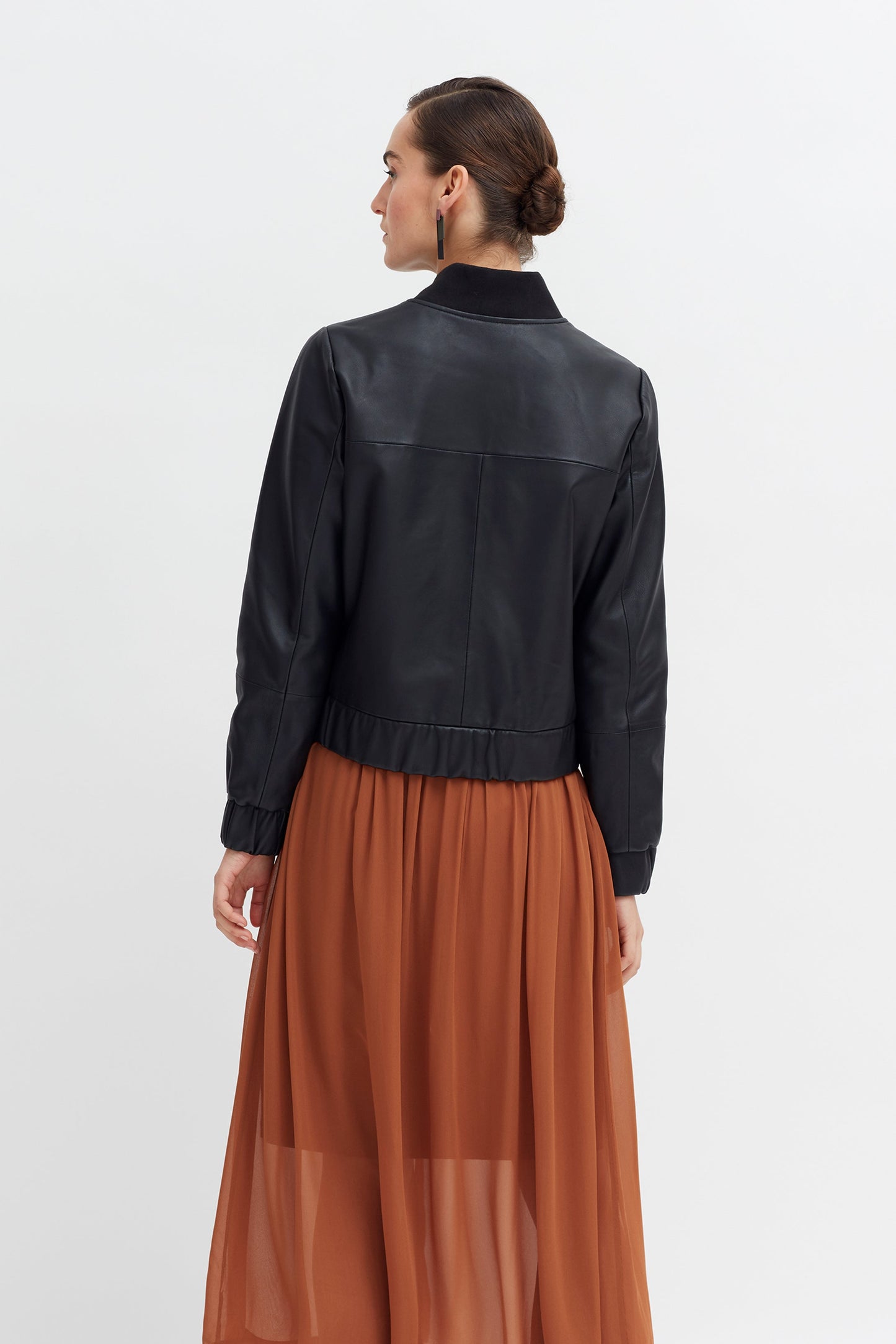 Teig Leather Zip Up Bomber Jacket Model Back | BLACK