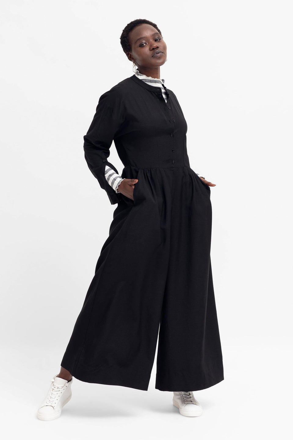 Rinna Long Sleeve Wide Leg Button Up Jumpsuit Model Front | BLACK