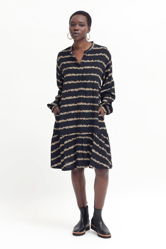 Stryd Sequin Print Long Sleeve Drop Waist Button Up Shirt Dress Model Front Full Body | SEQUIN PRINT
