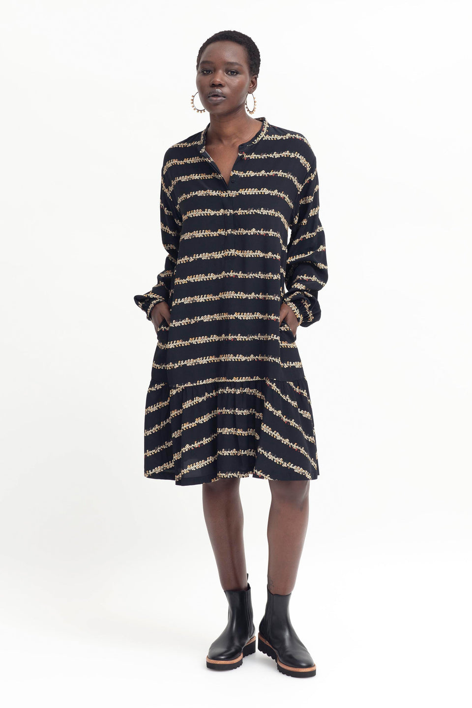 Stryd Sequin Print Long Sleeve Drop Waist Button Up Shirt Dress Model Front Full Body | SEQUIN PRINT