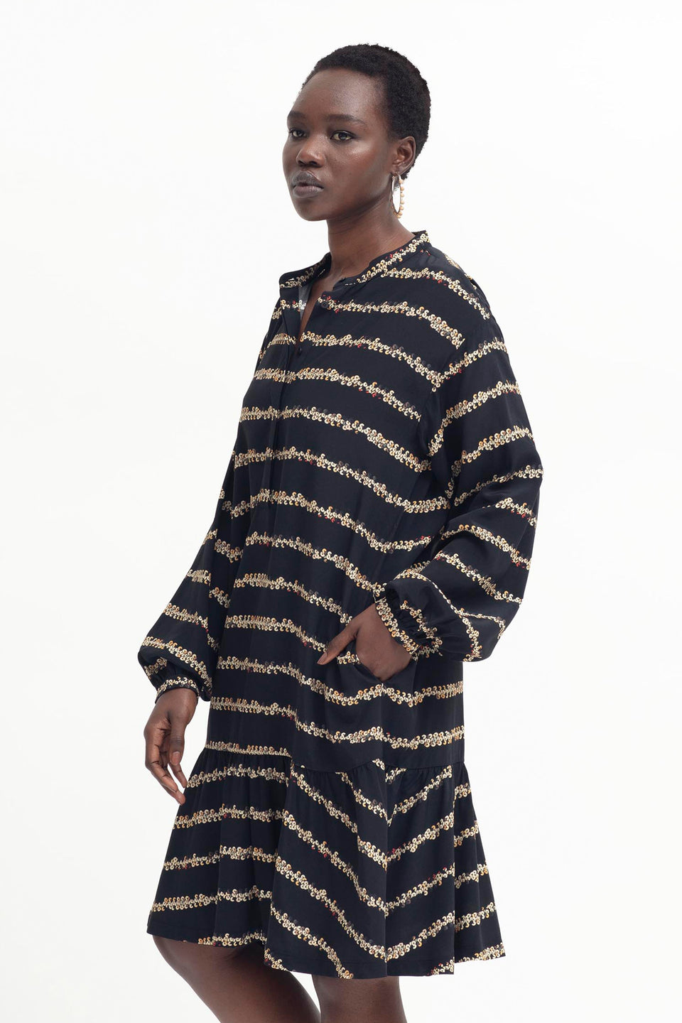 Stryd Sequin Print Long Sleeve Drop Waist Button Up Shirt Dress Model Side | SEQUIN PRINT