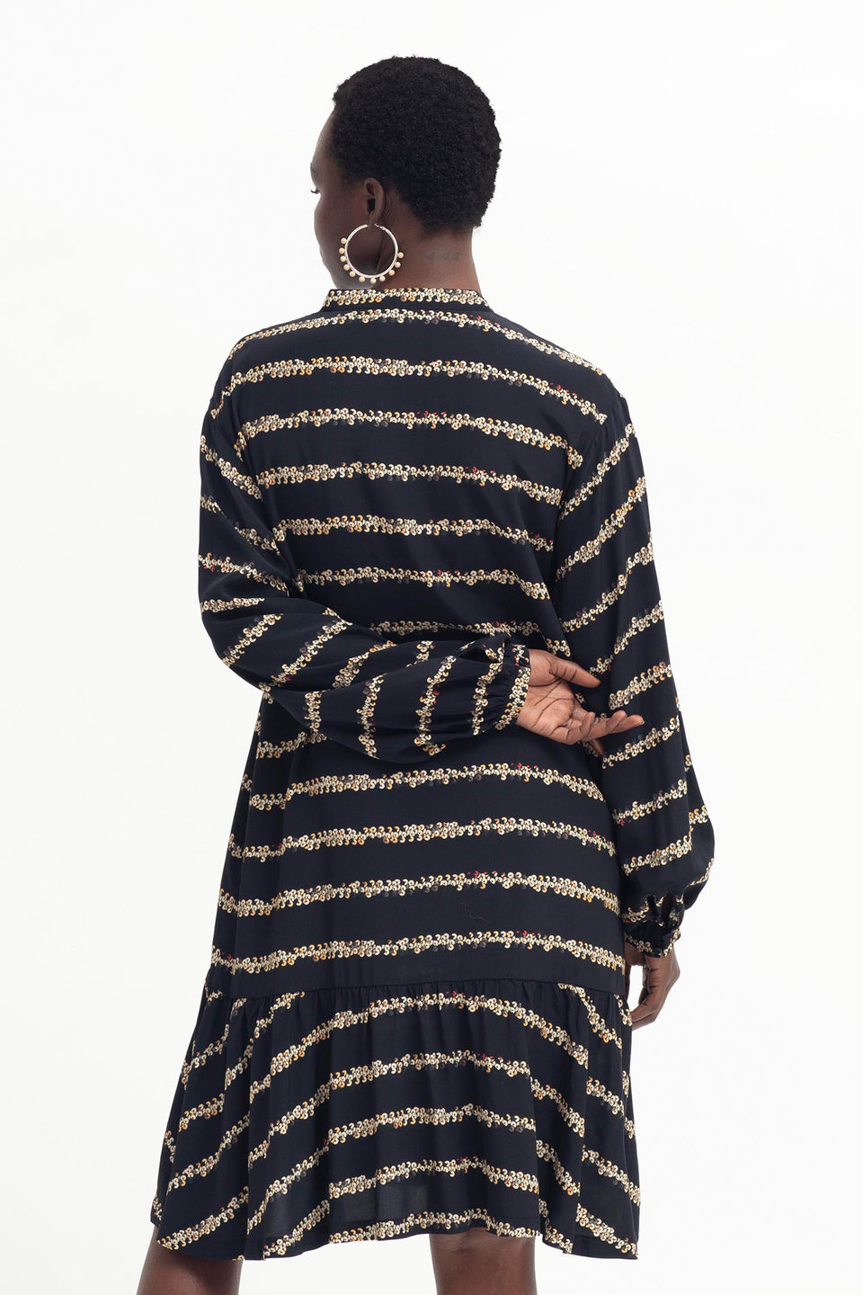 Stryd Sequin Print Long Sleeve Drop Waist Button Up Shirt Dress Model Back | SEQUIN PRINT
