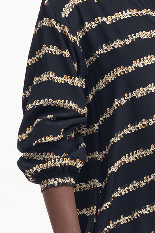 Stryd Sequin Print Long Sleeve Drop Waist Button Up Shirt Dress Model Detail | SEQUIN PRINT