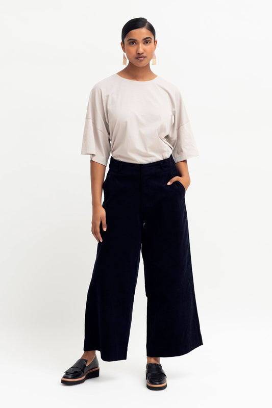 Koord Organic Cotton Wide Leg Corduroy Pant Model Front | STEEL BLUE