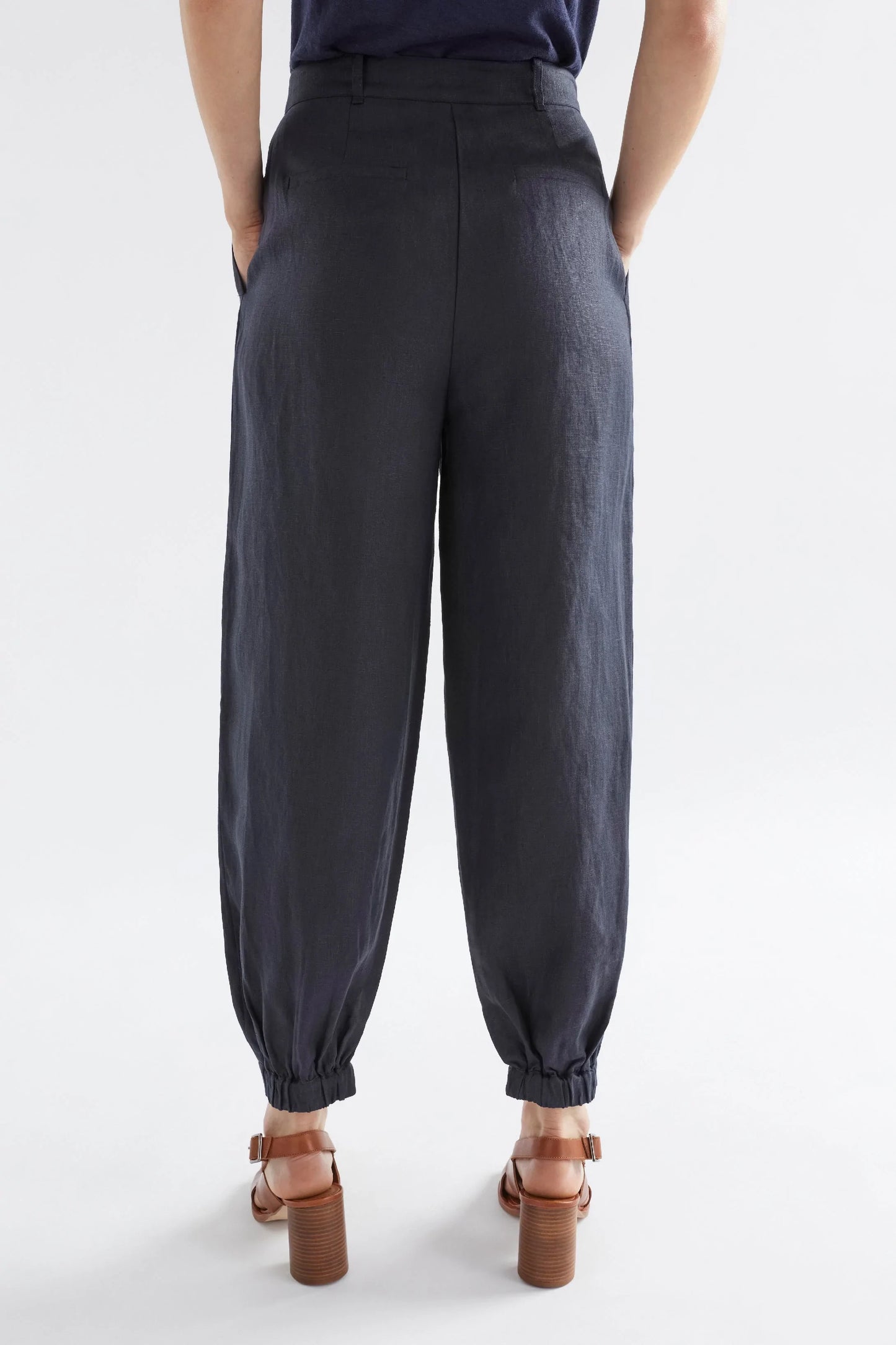 Taye Tapered French Linen Harem Pants Model Back | STEEL BLUE