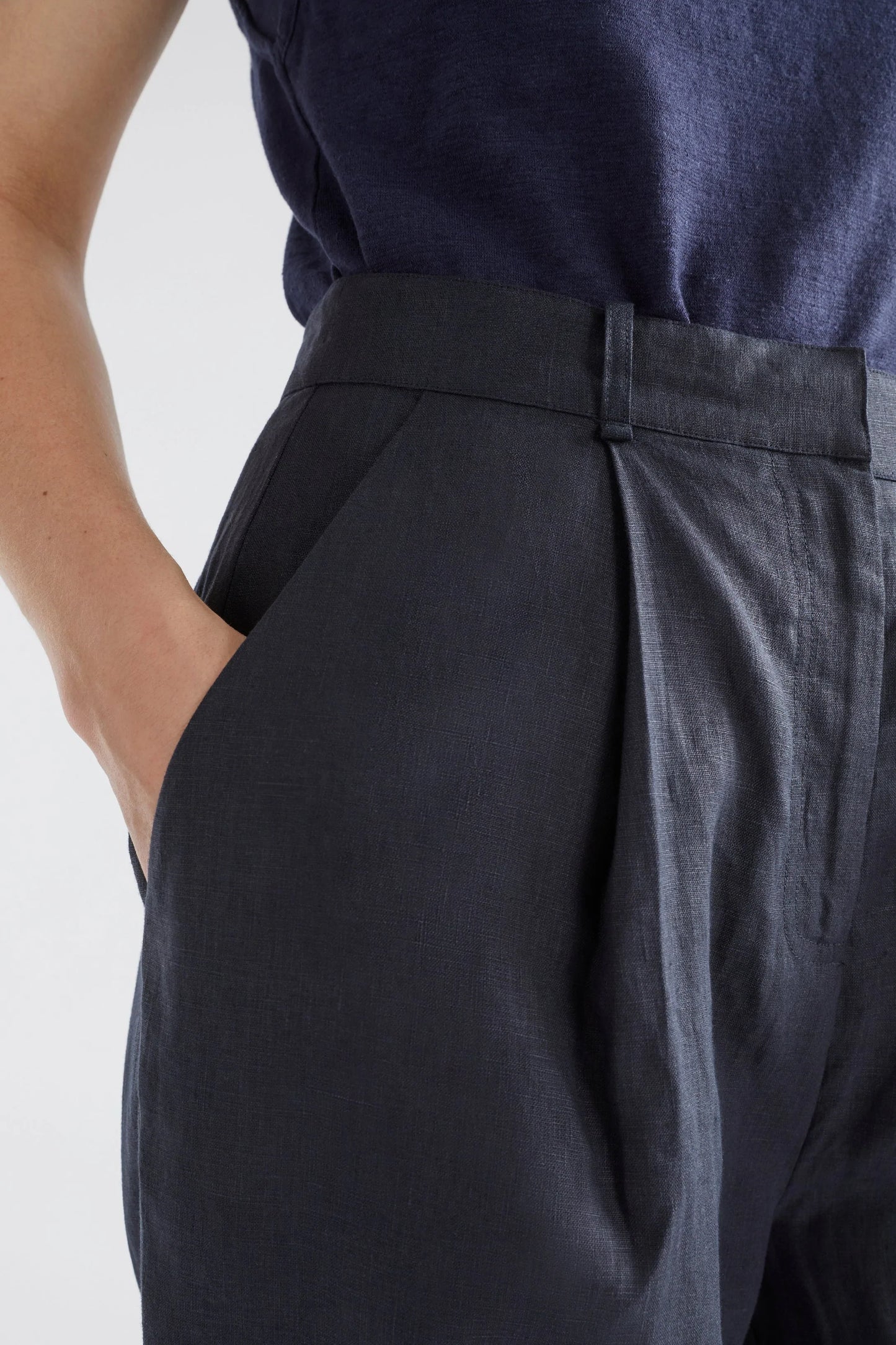 Taye Tapered French Linen Harem Pants Model Angled Front Crop | STEEL BLUE