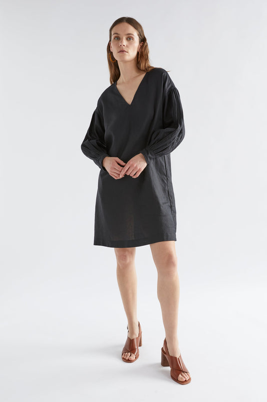 Vassa Linen Pleated Balloon Sleeve V-Neck Shift Dress Model Studio Front | BLACK