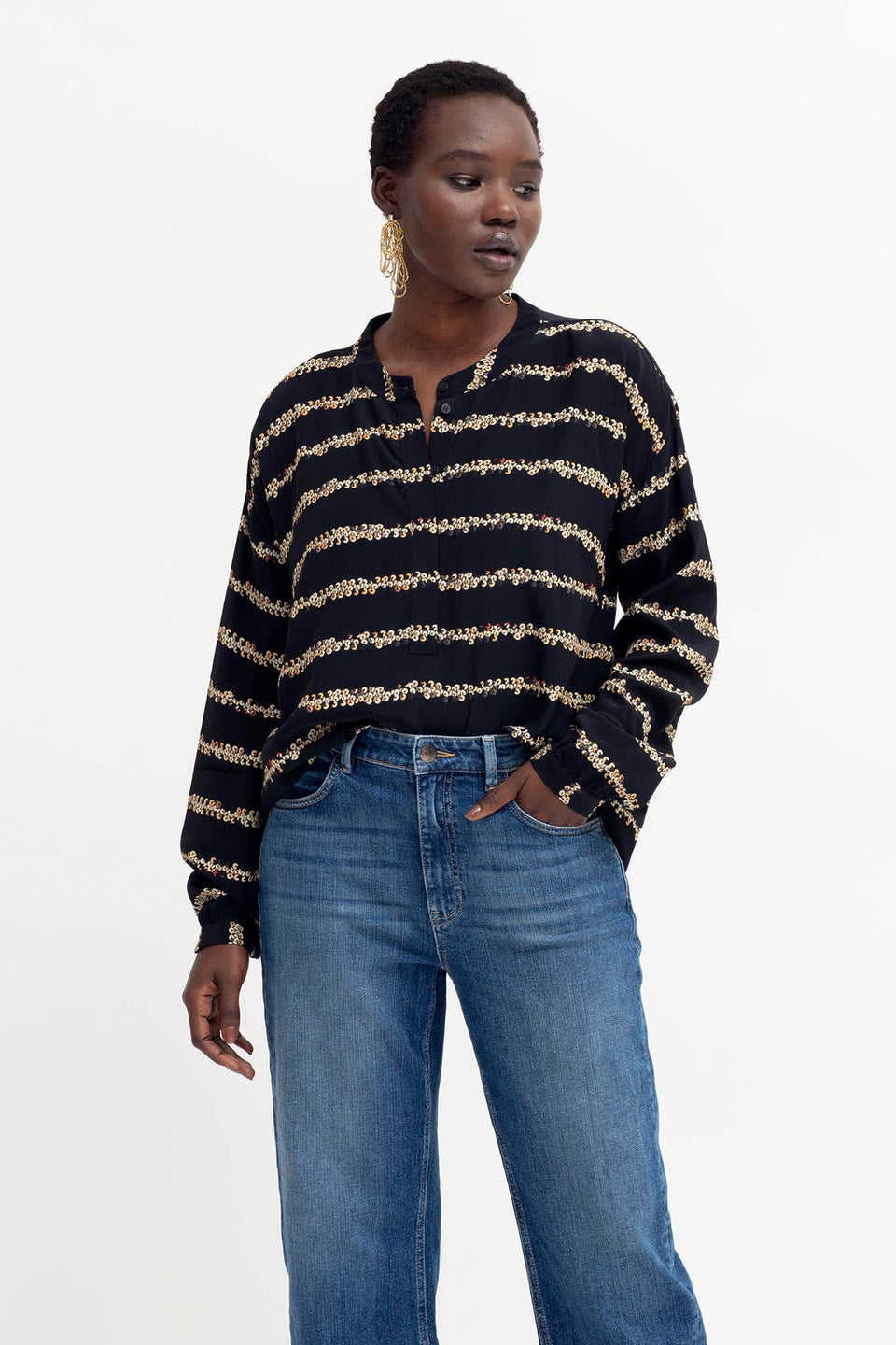 Stryd Sequin Print Long Sleeve Button Up Shirt Model Front | SEQUIN PRINT