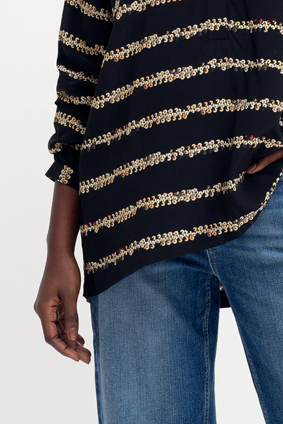 Stryd Sequin Print Long Sleeve Button Up Shirt Model Front Detail | SEQUIN PRINT
