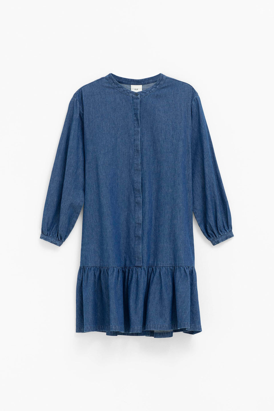 Jins Dropped Waist Ruffle Hem Long Sleeve Collarless Denim Dress Front | INDIGO