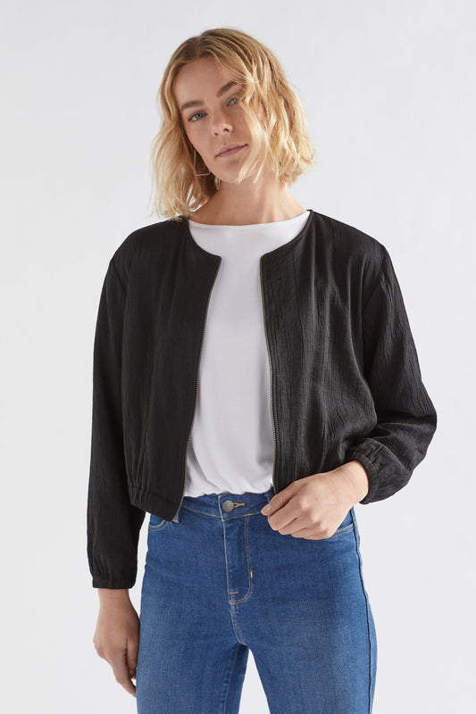 Joen Cropped Crinkle Fabric Zip Up Jacket model front | BLACK