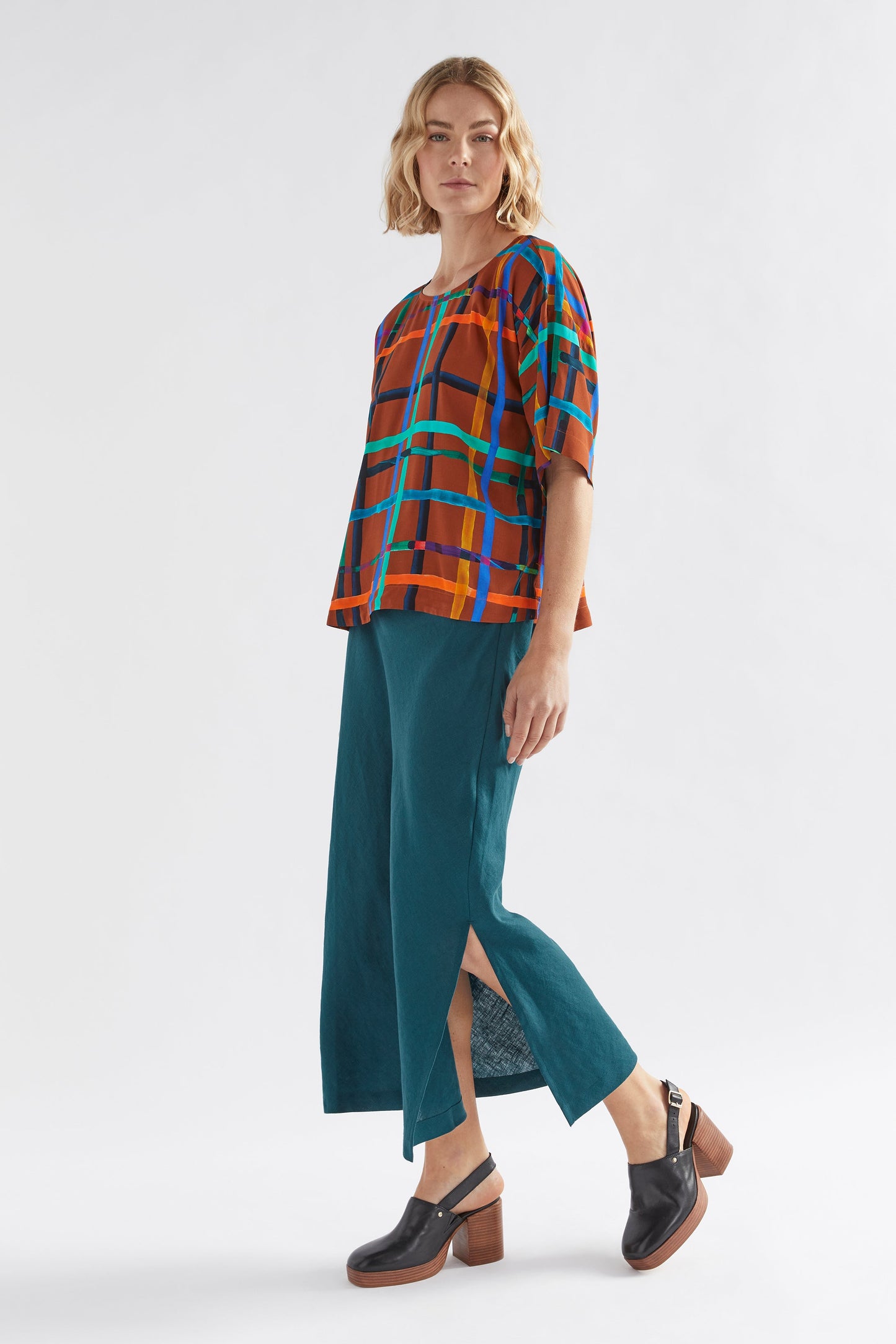 Dela Boxy Check Top Model Angled front full body | BREA CHECK
