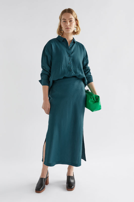 Stilla Midi Pencil Skirt with Side Splits Model Front | PEACOCK