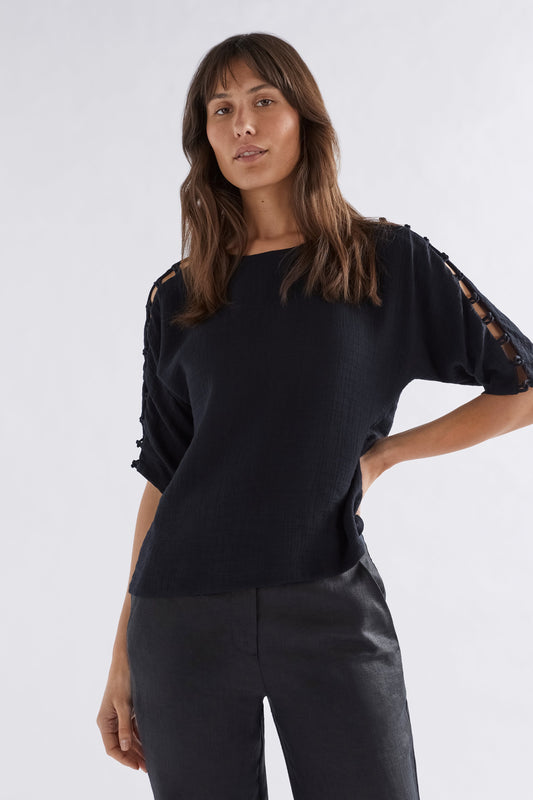 Loopt Crinkle Top with Loop Sleeve Detail Model Front | BLACK