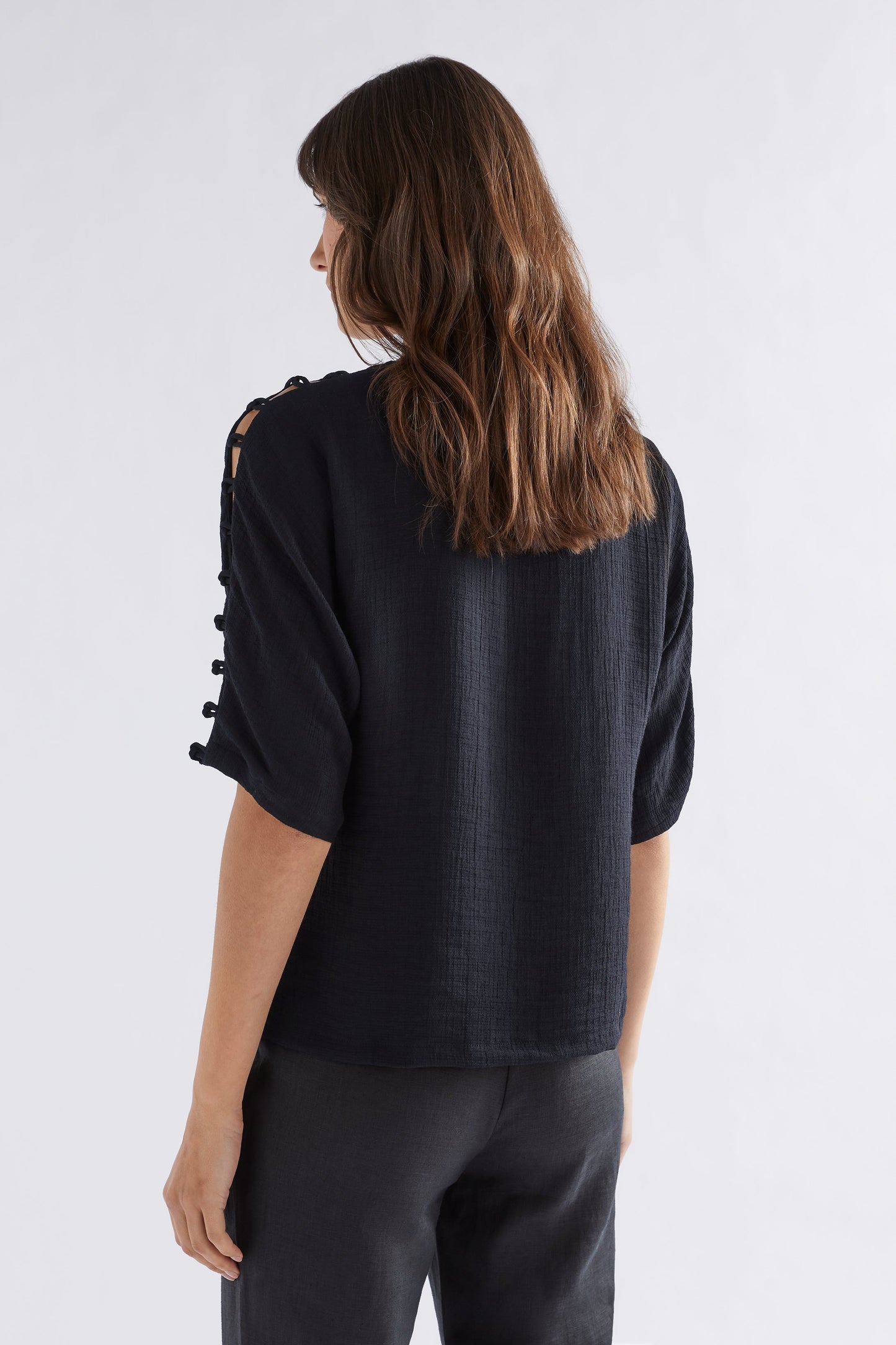 Loopt Crinkle Top with Loop Sleeve Detail Model Back | BLACK