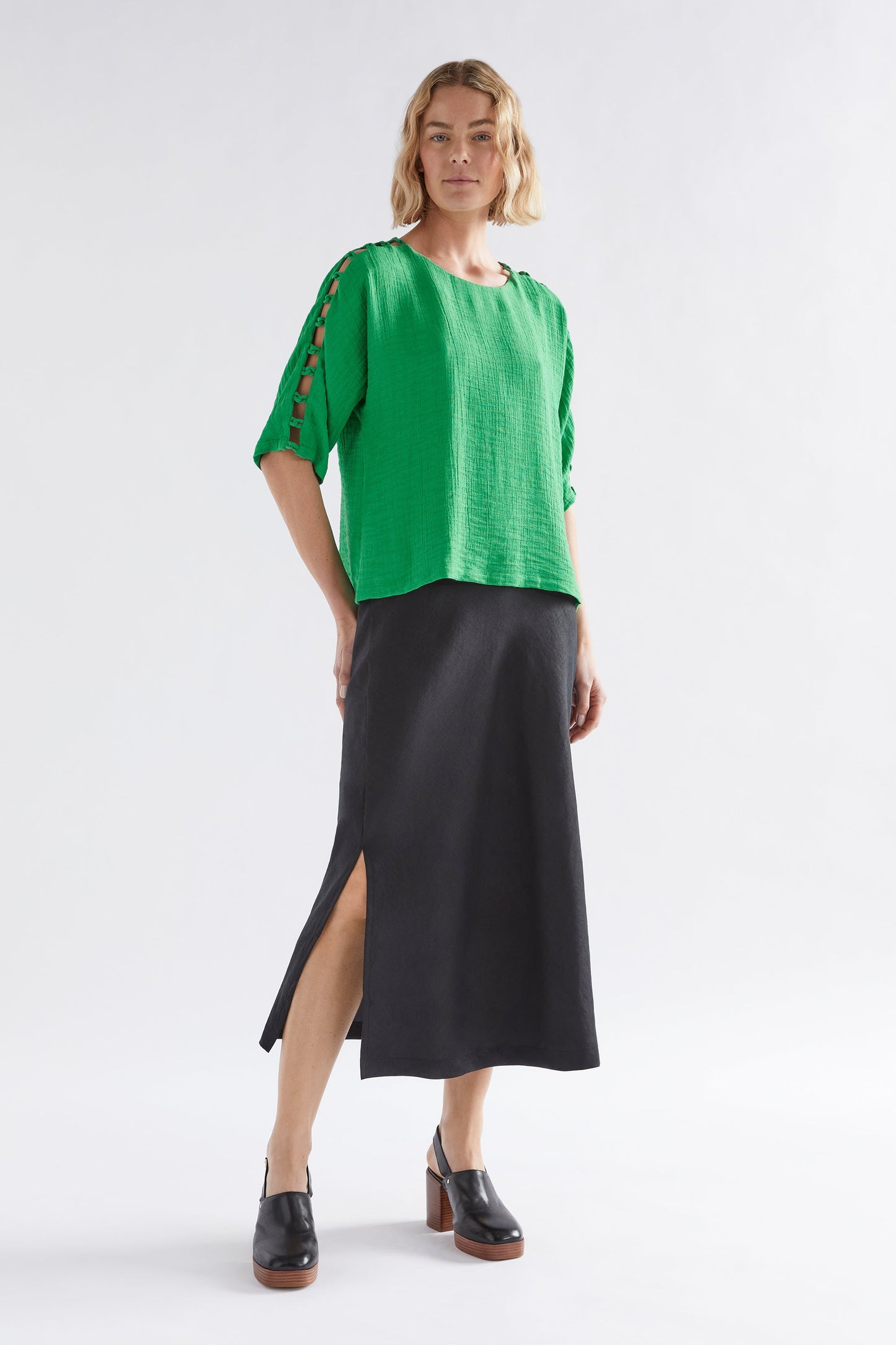 Loopt Crinkle Top with Loop Sleeve Detail Model Front full body | LAWN GREEN