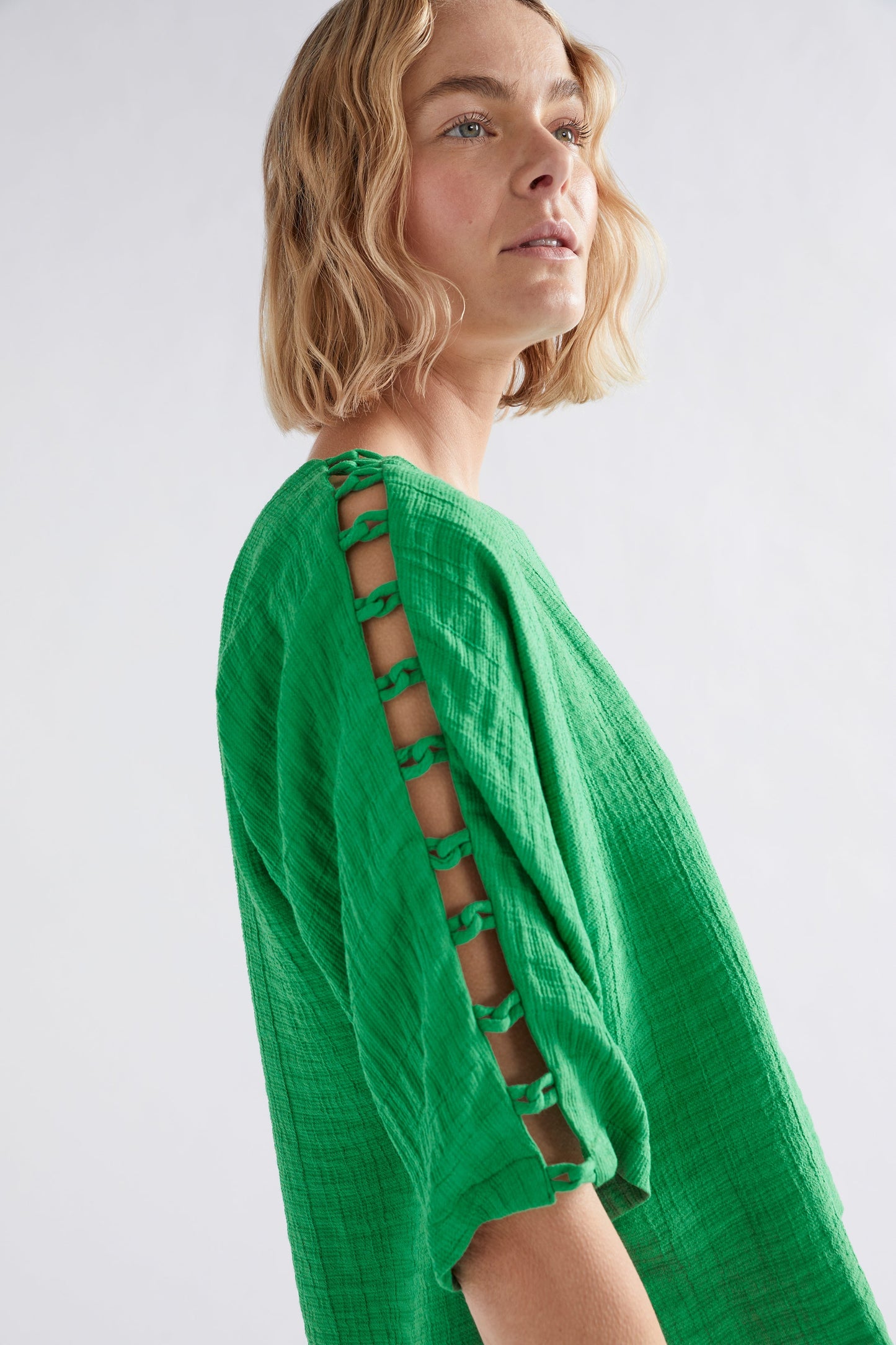 Loopt Crinkle Top with Loop Sleeve Detail Model Front detail | LAWN GREEN 