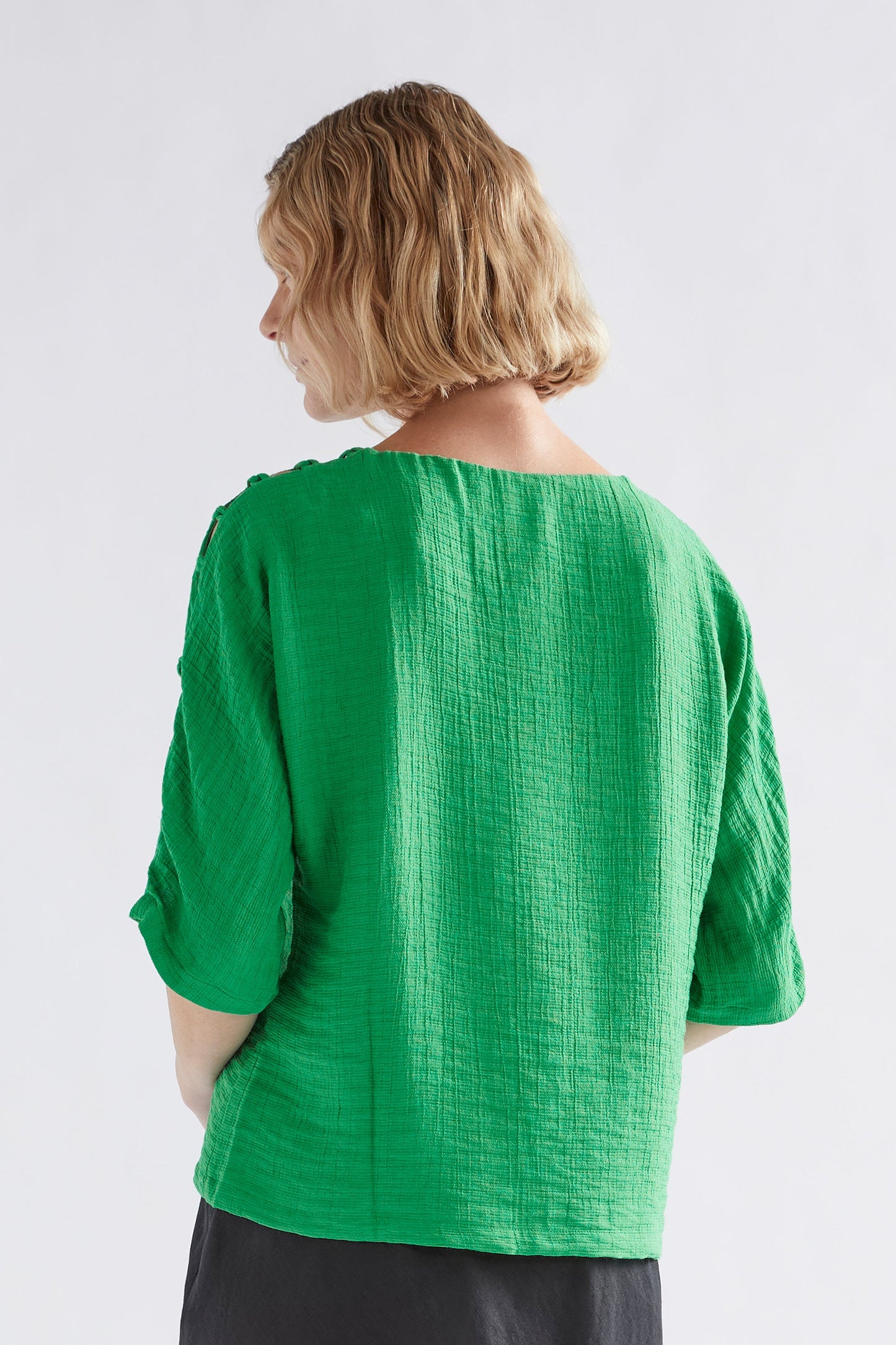 Loopt Crinkle Top with Loop Sleeve Detail Model Back | LAWN GREEN