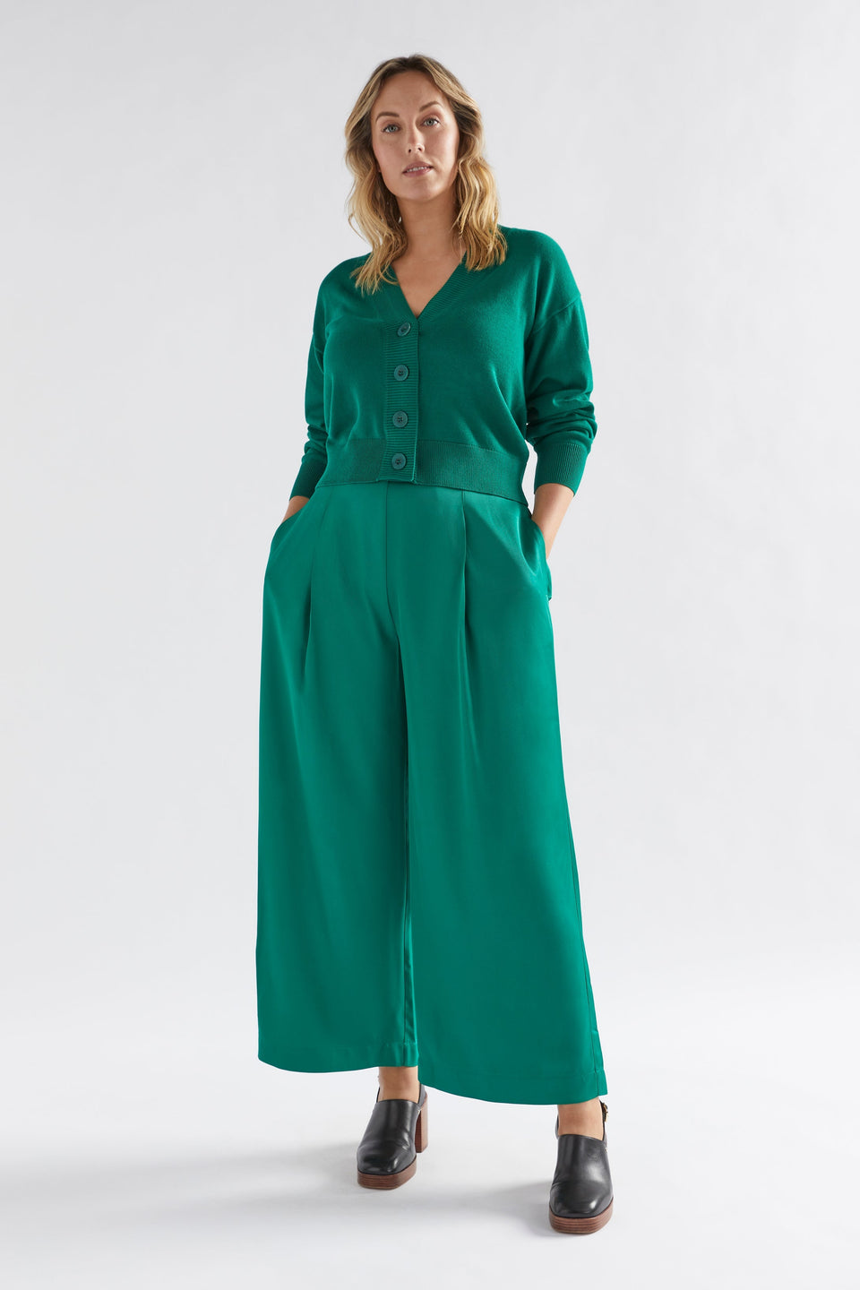 Vail High Waisted Wide Leg Pant Model Front with Cardigan | JEWEL GREEN
