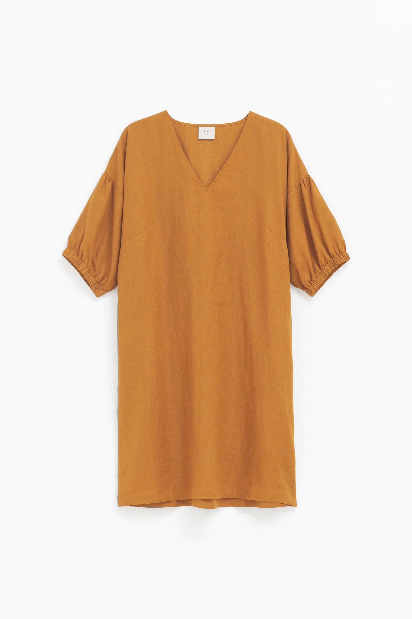 Strom Linen Puff Sleeve V-Neck Knee Length Dress Front | HONEY GOLD
