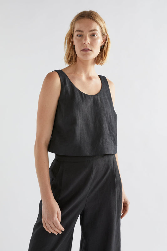 Strom Cropped Linen Tank Model Front | BLACK