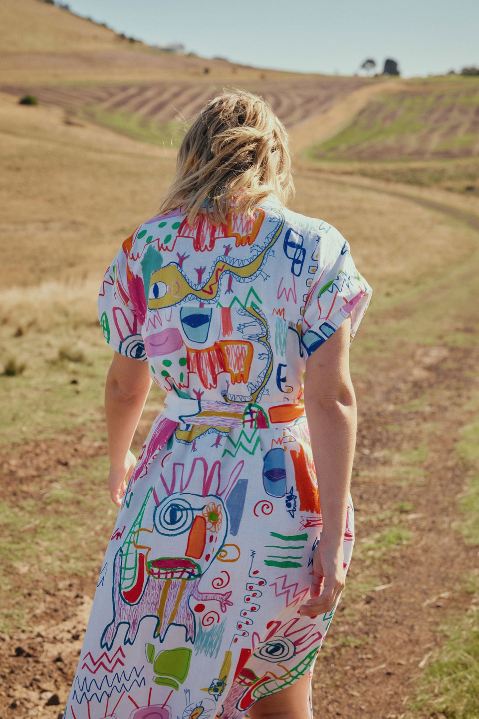 Neza Linen Collarless Print Shirt Dress Campaign | WHITE SKETCH PRINT