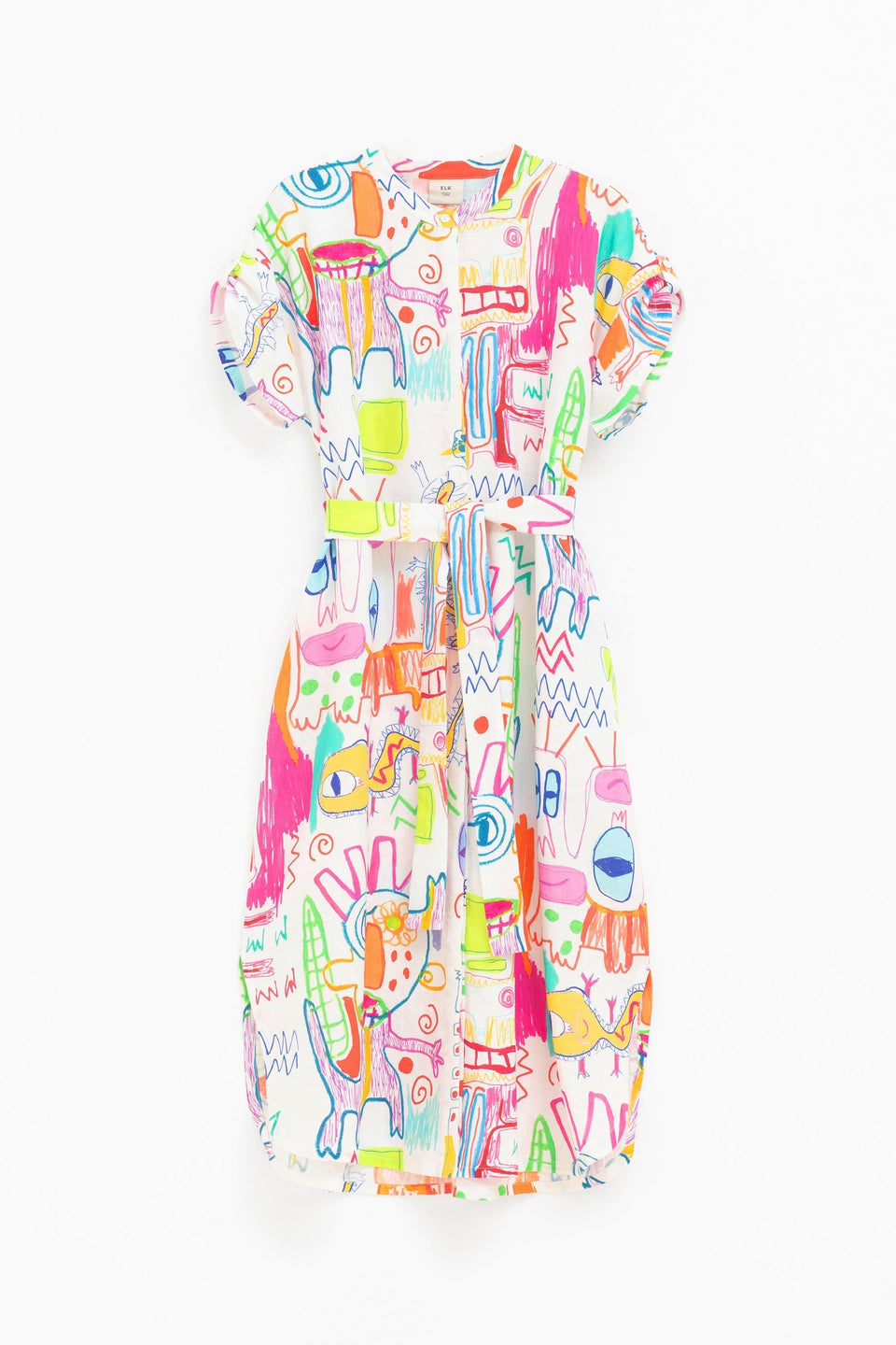 Neza Linen Collarless Print Shirt Dress Front | WHITE SKETCH PRINT