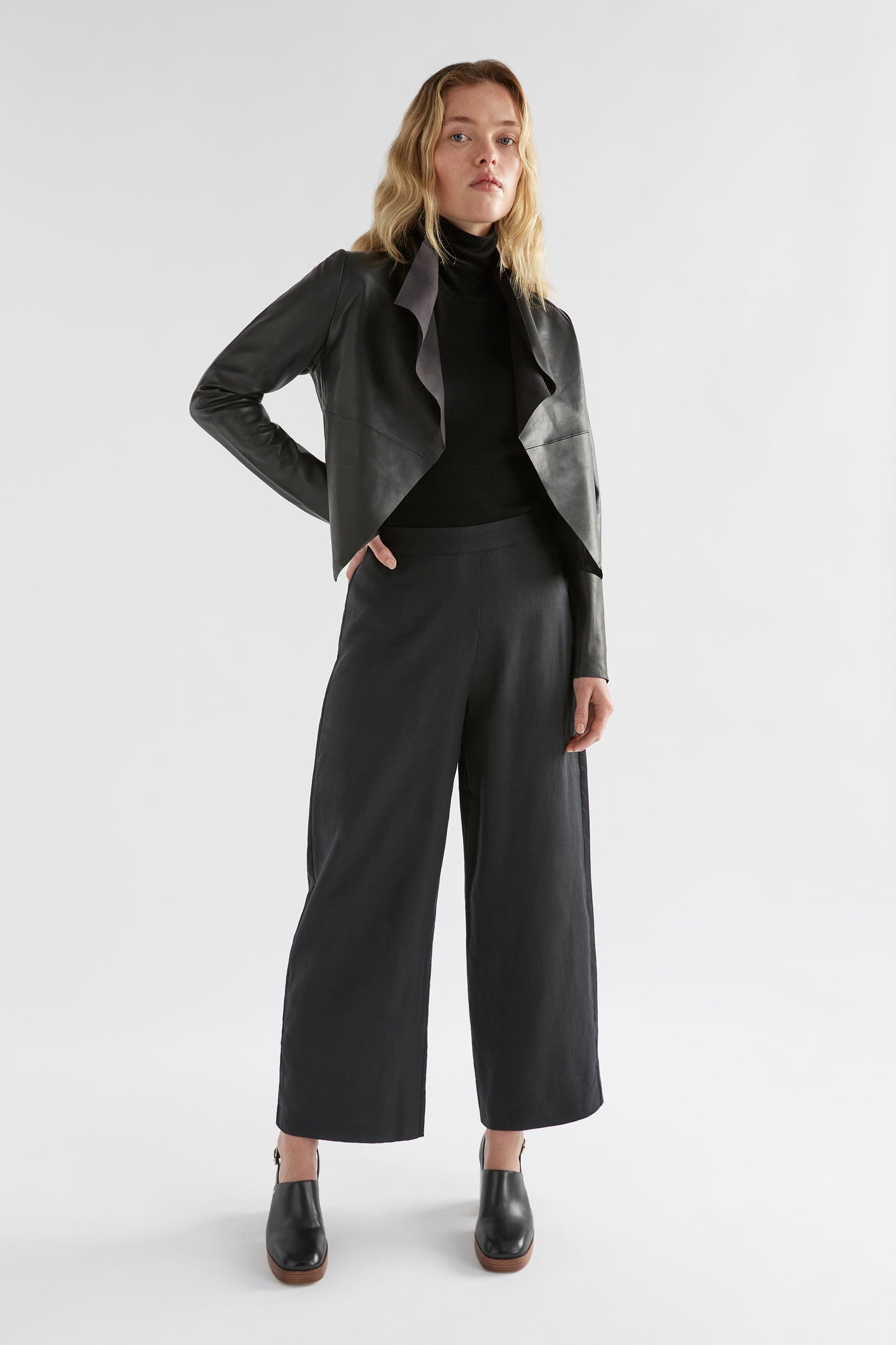 Fine Leather Lightweight Jacket Model with skivvy Front full body Black